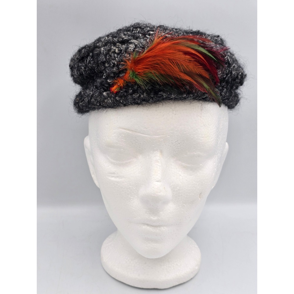 Vintage Pillbox Hat Womens OS Grey Faux Persian Lamb Feather Excellent Retro